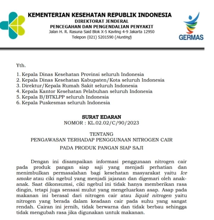 Surat Edaran Kementerian Kesehatan tentang pengawasan terhadap penggunaan nitrogen cair pada produk pangan siap saji