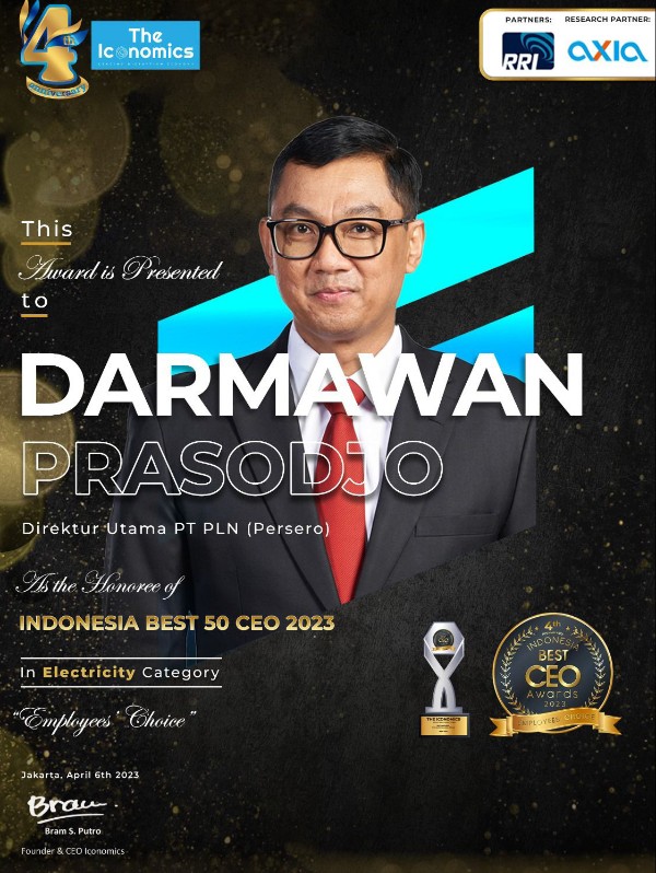 Direktur Utama PT PLN (Persero) Darmawan Prasodjo berhasil mendapatkan penghargaan sebagai Indonesia Best 50 CE0 “Employees Choice” dalam kategori Electricity yang diselenggarakan oleh The Iconomics.