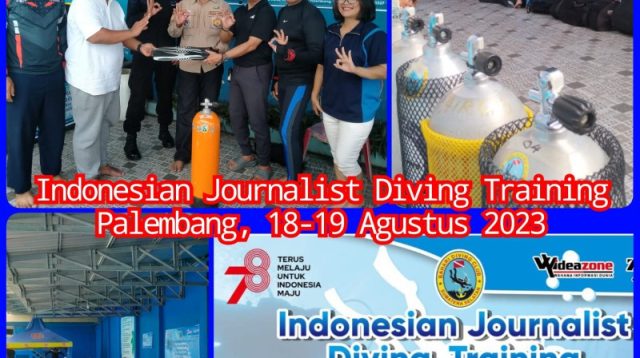 CEO PT Intermedia Wahana Mandiri, Al Abror saat pemberian peralatan selam (open heel adjustable) secara simbolis kepada Ketua PWI Sumsel, Firdaus Komar, Jumat (18/8/2023)